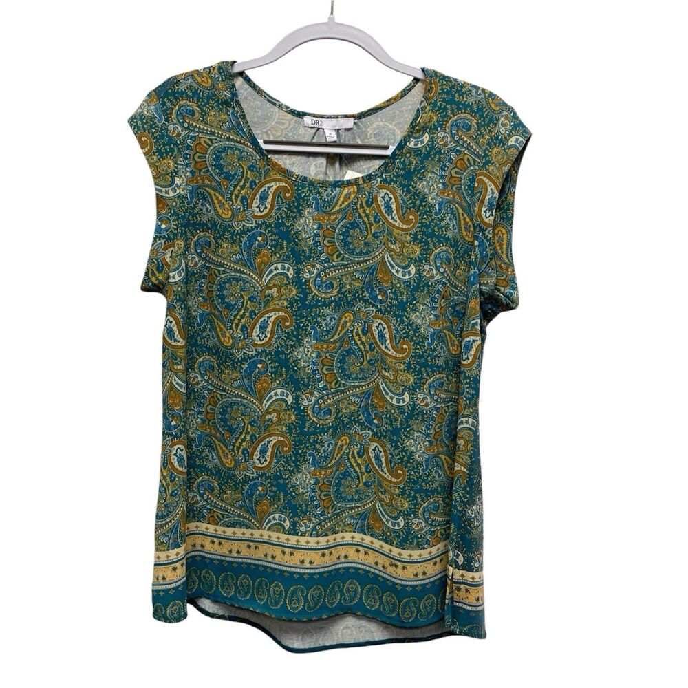 DR2 Woman’s Teal & Orange Paisley Cap Sleeve Scoop Neck Top - Size M